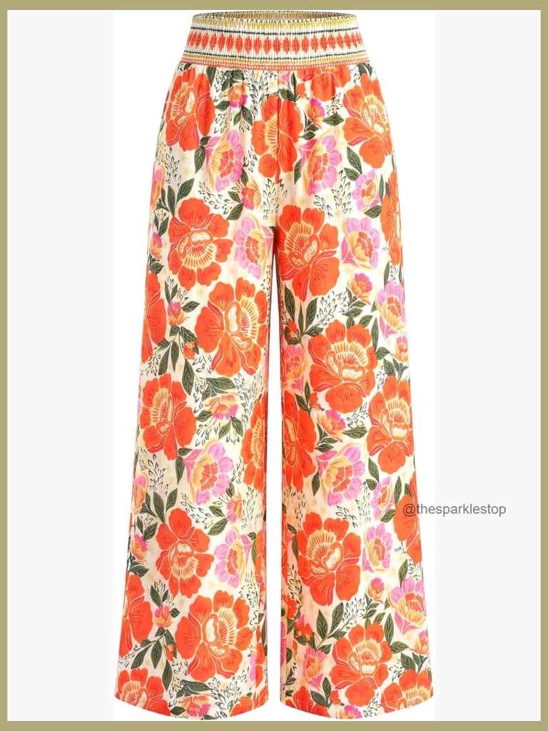 Wide Leg Pants Smocked Waist Floral Boho Trousers Elastic Waist Summer Resort
